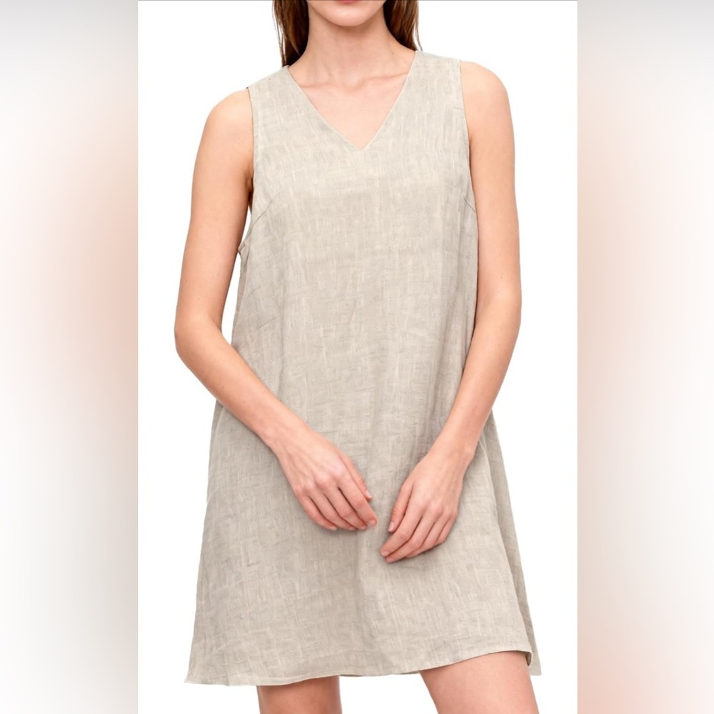 Amazhiyu Womens 100% Linen Summer V Neck Sleeveless Back Keyhole Mini Tank Dress